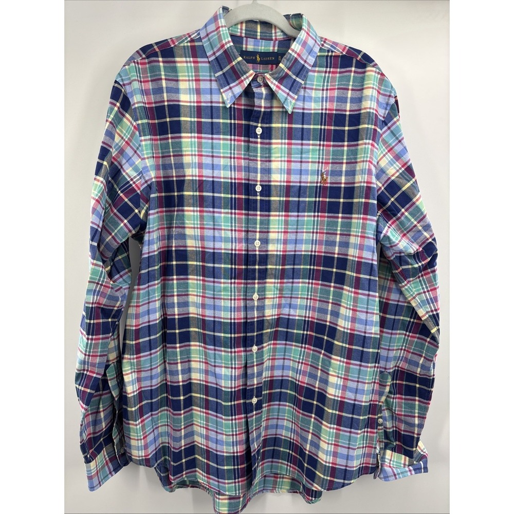 Ralph Lauren Long Sleeve Plaid Oxford Shirt Mens Size‎ XL Blue Red Flesh Pony
